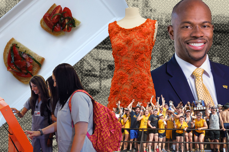 Top stories at Drexel in 2015. Starting at left and moving clockwise: bruschetta appetizer, Princess Grace of Monaco's dress, Provost M. Brian Blake, victory at Dad Vail Regatta, "A Check-Up From the Neck Up" and, background, archived Drexel campus photos. 