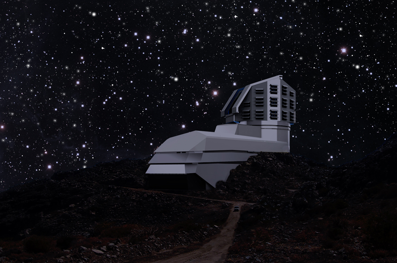 A mixture of photo and rendering showing the LSST facility building sitting on the Cerro Penchón ridge in Chile. Courtesy of the LSST Corporation.