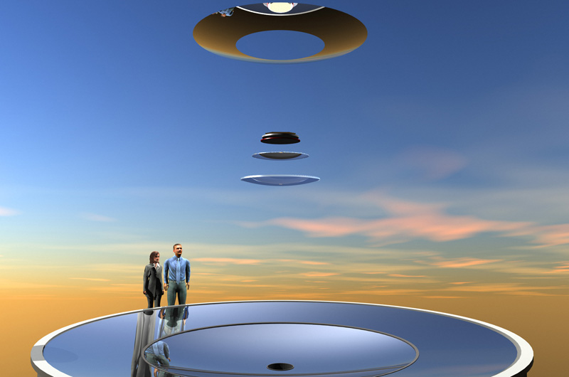 Artist's conception of the optical elements of the LSST with people superimposed to show the scale. By Todd Mason, Mason Productions Inc. Courtesy of LSST Corporation.