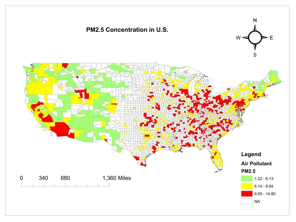 Map of air pollutant concentration in the United States used in a presentation by Associate Professor Longjian Liu and his team.