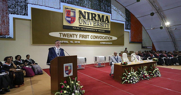 Drexel President John A. Fry deliveing the convocation address at Nirma University’s 21st annual convocation in Ahmedabad, India.