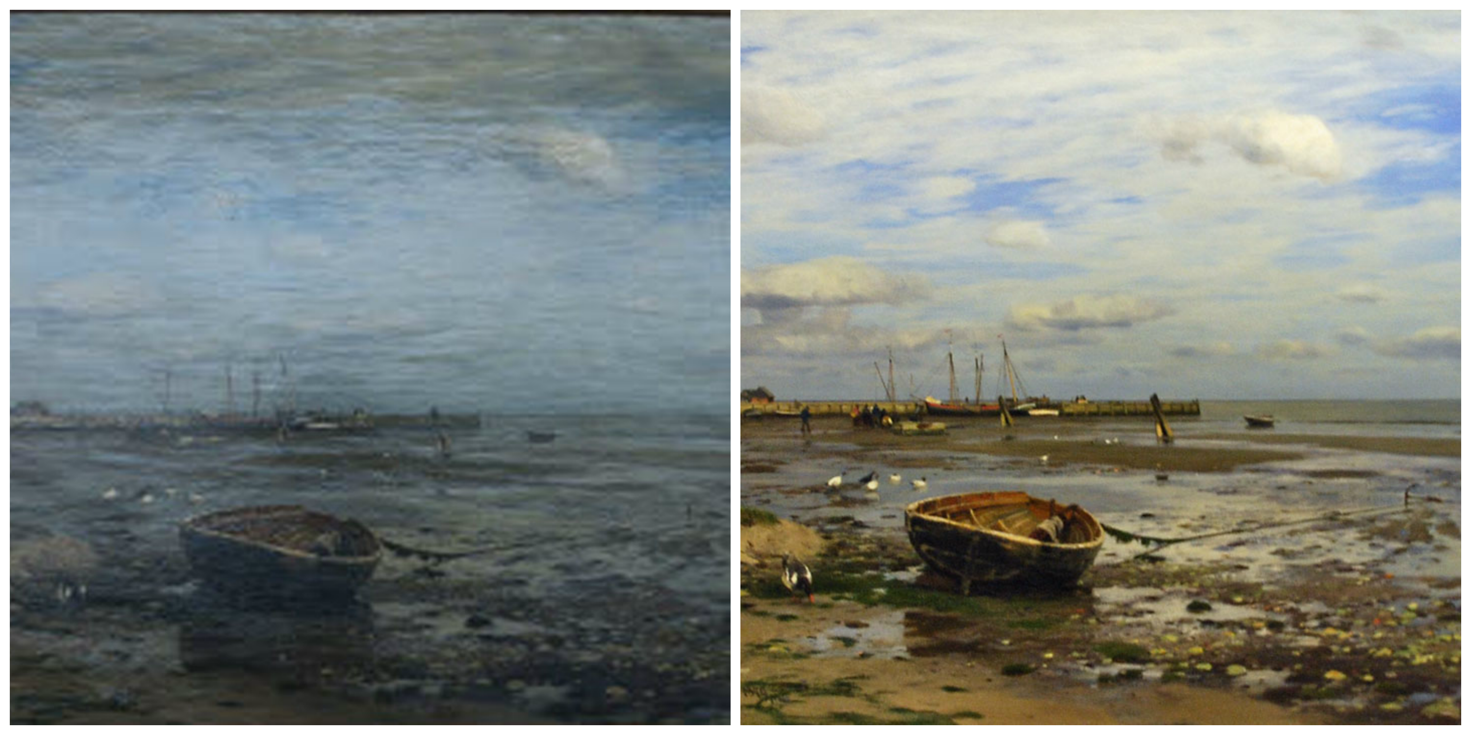 The “before” and “after” images of the painting “Isle of Sylt” (1879) by Eugene Gustav Dücker.