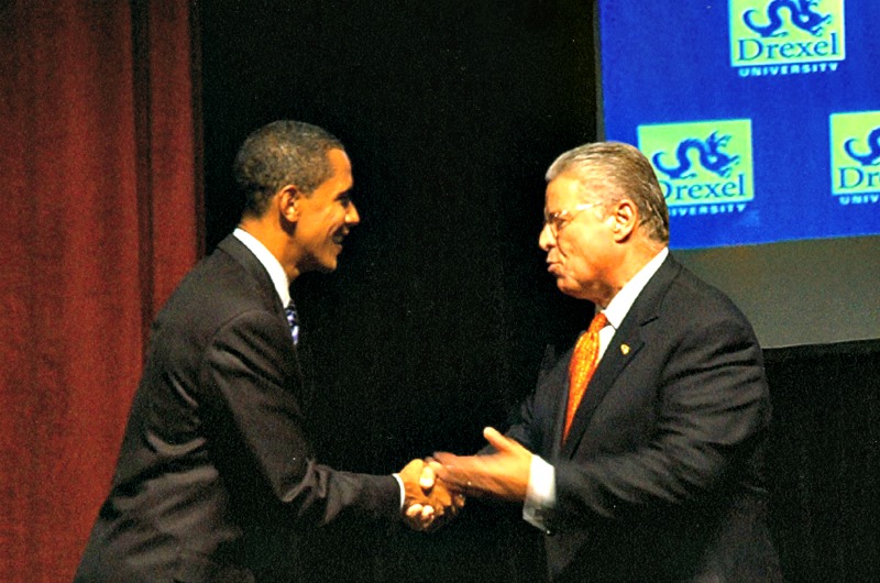 Future president Barack Obama shook hands with then-Drexel President Constantine Papadakis when the University hosted a debate for Democratic presidential hopefuls in 2007. Photo courtesy University Archives.