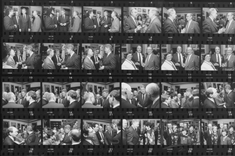 Contact sheet of photographs taken when Bill Clinton visited the Anthony J. Drexel Picture Gallery in 1992. He is pictured with President Richard Breslin in the top row as well as Drexel faculty. Contact sheet courtesy University Archives.