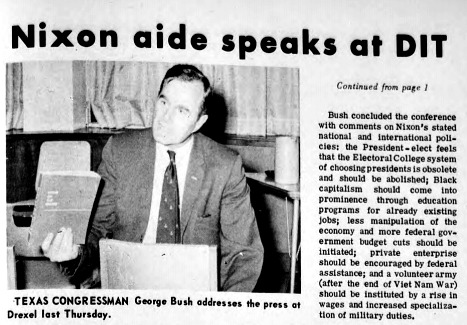 A clipping from a Nov. 8, 1969 article in Drexel's student newspaper on George H.W. Bush's visit to Drexel. Article courtesy University Archives.