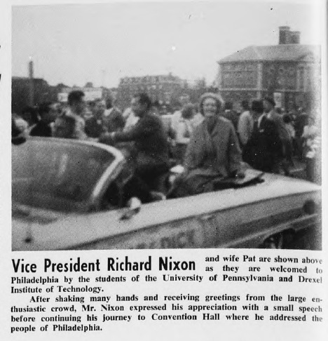 A clipping from an Oct. 21, 1961 article in Drexel's student newspaper on Richard Nixon's visit to Drexel. Article courtesy University Archives.