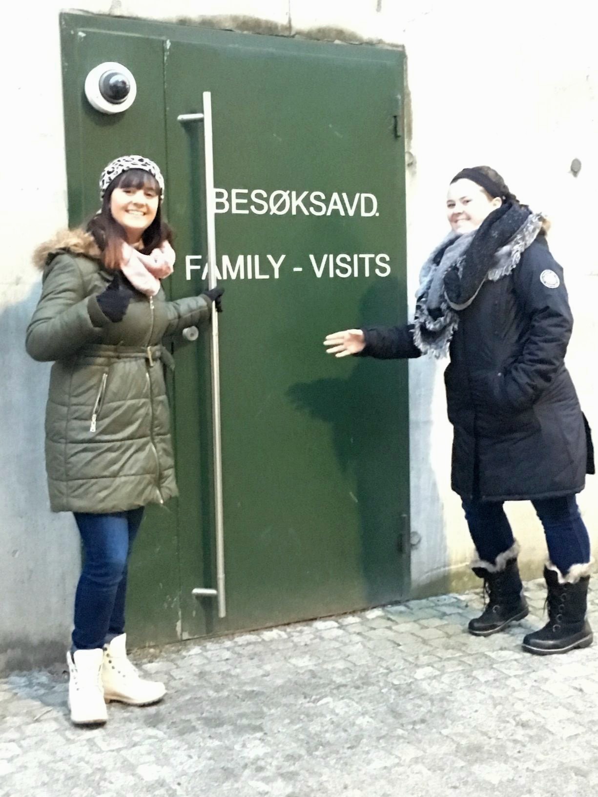 Emma Nolan, left, and Abbey Meyer outside of the family visiting center in Oslo Prison in Norway.