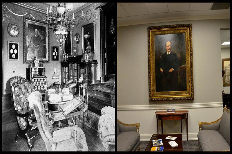 "Portrait of Anthony J. Drexel" (1860) by Josef Bergenthal, as it was hung in Anthony J. Drexel's house in 1893 (L) and in the President's Office in Main Building in 2017 (R).
