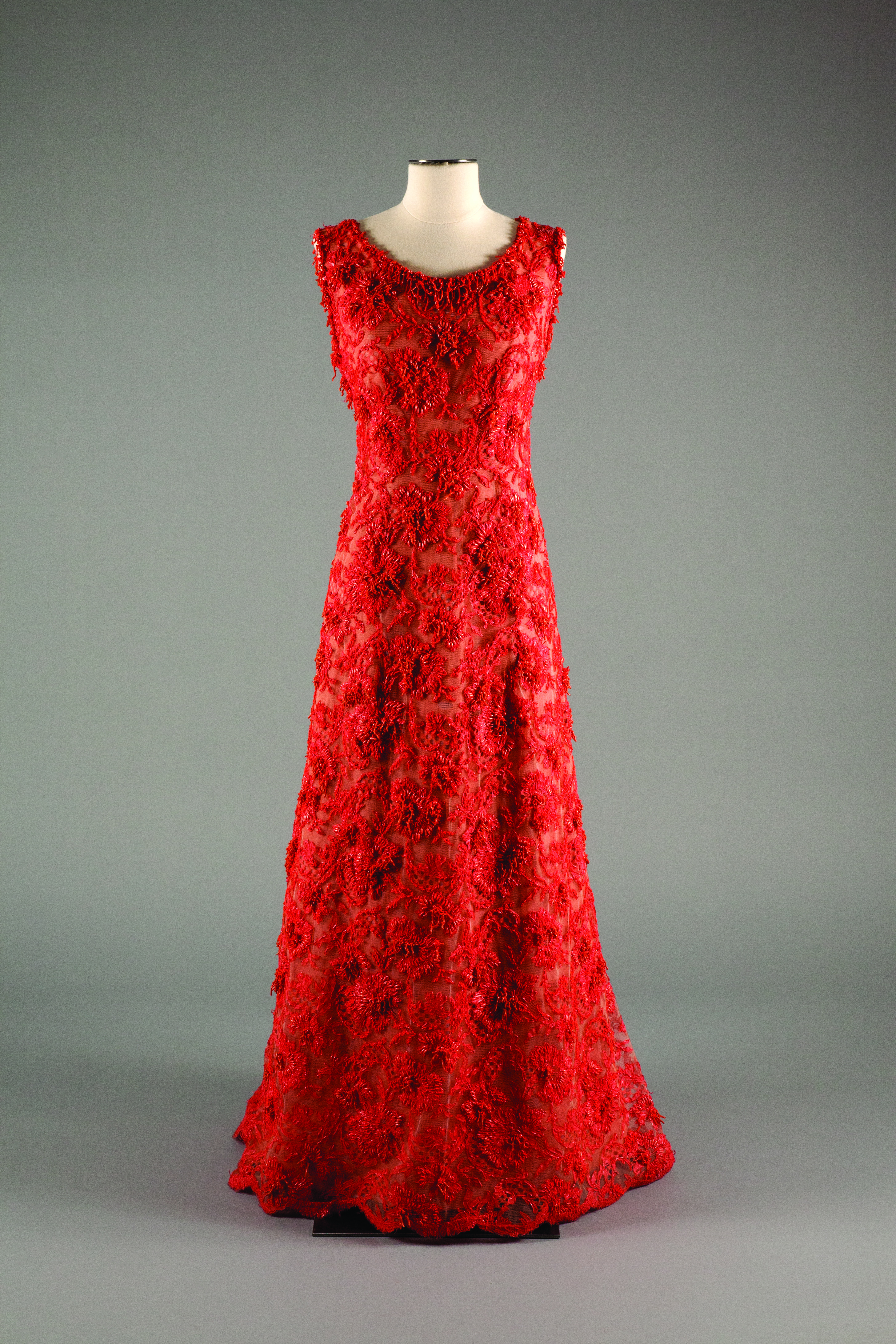 Hubert de Givenchy coral and lace evening gown worn by Her Serene Highness, Prince Grace of Monaco, circa 1964 France. 