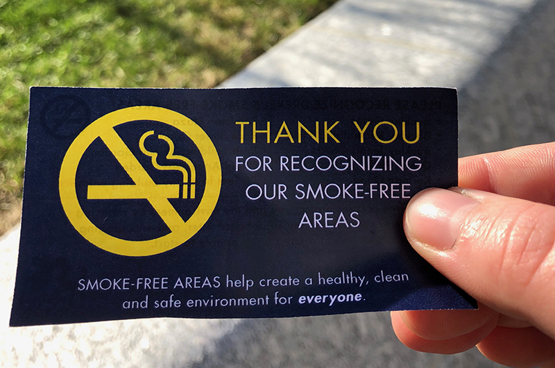 The front of the card that Drexel Public Safety officers will give to smokers within the smoke-free areas on Drexel's University City Campus.