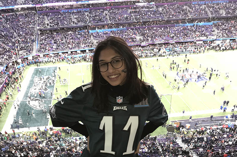 Pranali Jagasia, a pre-junior communication major in the College of Arts and Sciences, at the Super Bowl. She worked the Eagles' home games as a co-op with a marketing internship for the team's entertainment groups.