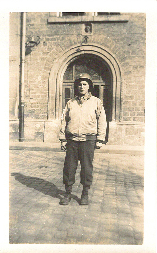 ﻿﻿Lt. Col. Bruce Sisler photographed on Feb. 27, 1945 in front of the entrance to Hospice Rahm in Luxembourg, where the 104th Evacuation Hospital was located. Photo courtesy Legacy Center Archives, Drexel College of Medicine.