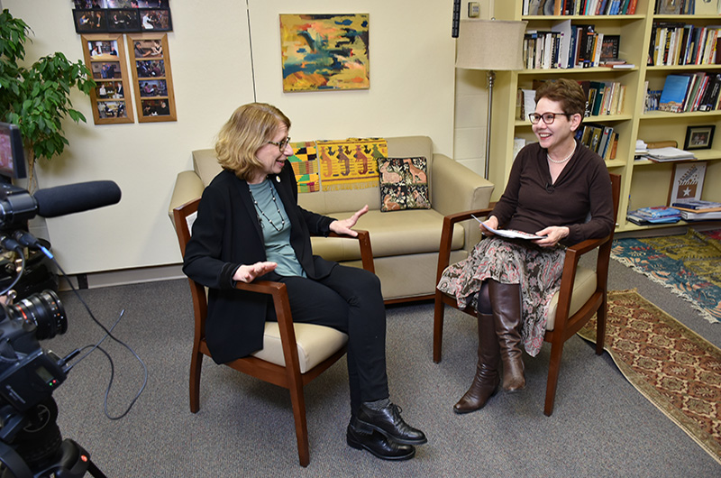 Roz Chast, left, and Dean Paula Marantz Cohen during the filming of an episode for "The Drexel InterView." 
