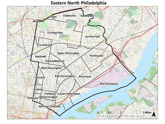 A map depicting the territory in eastern North Philadelphia that is covered by the NUAV dataset.