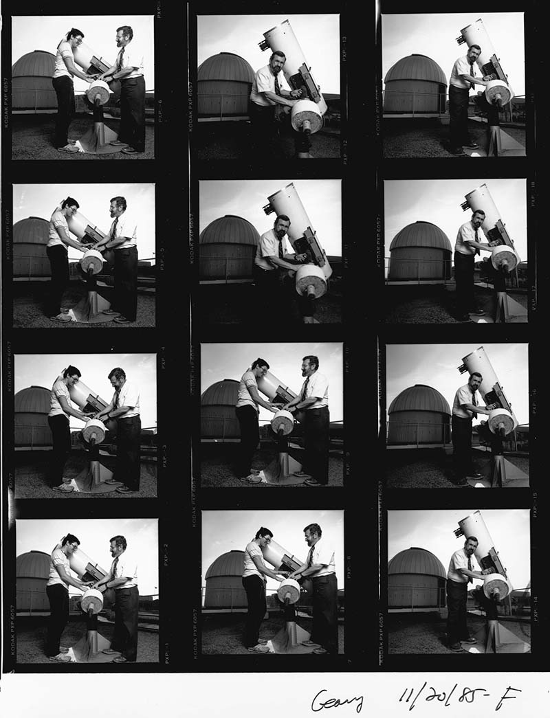 A contact sheet of photos from a 1985 photo shoot featuring Leonard R. Cohen, PhD, and a student in front of the observatory with a telescope. Photo courtesy Drexel University Archives.