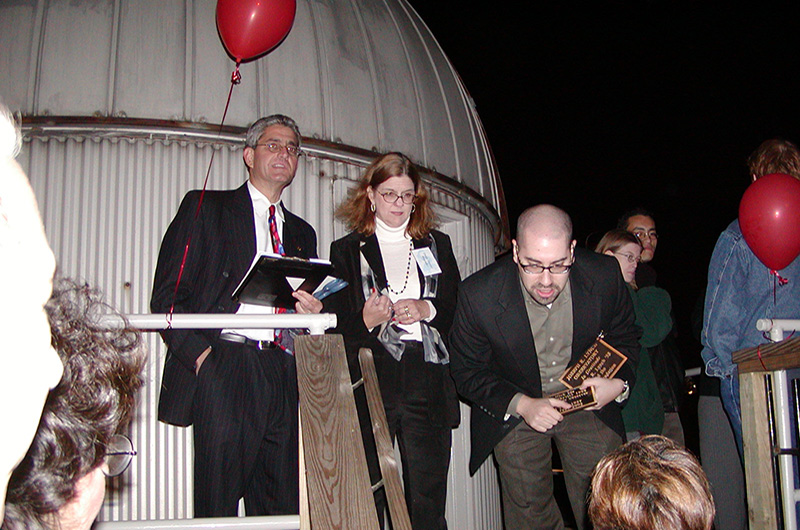 Senior Associate Vice President of Presidential Initiatives Kenneth H. Goldman (left) with College of Arts and Sciences Dean Donna Murasko, PhD, (center) and Dave Goldberg, PhD (right) at the observatory's dedication ceremony in 2003. Photo credit: Maryann Fitzpatrick. Photo courtesy Wolfgang Nadler.