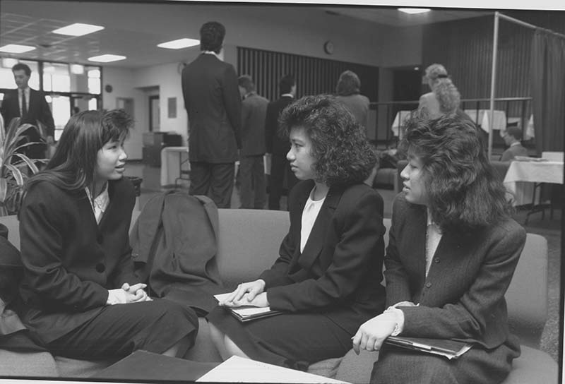 An undated photo of students waiting to be interviewed on campus for co-op. Photo courtesy University Archives.