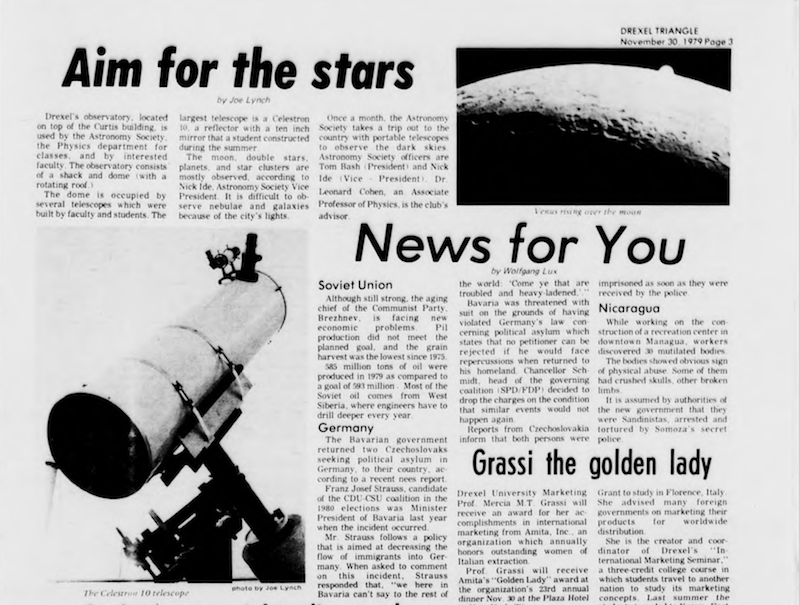 A page from the Nov. 30, 1979 issue of "The Triangle," Drexel's independent student newspaper, featuring an article about Drexel's observatory.