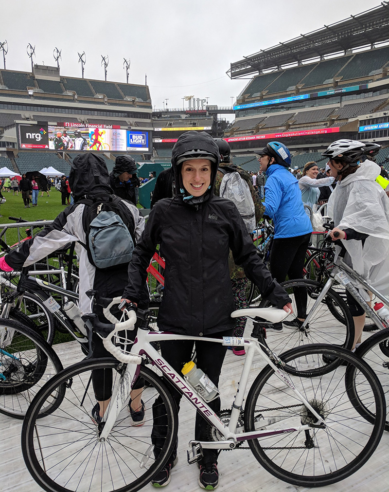 Jackie Abrams, assistant project director of Transition Pathways in the A.J. Drexel Autism Institute, rode her bike to participate in the 2018 Eagles Autism Challenge.