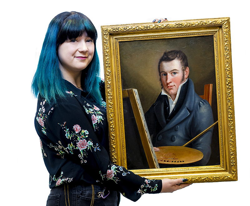 Isabella Sangaline with "Self-Portrait" by Francis Martin Drexel (oil on canvas, 1817) stored in The Drexel Collection. Photo credit: Jeff Fusco. 