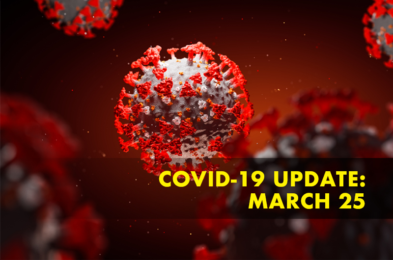 red rendering of coronavirus with COVID-19 update March 25