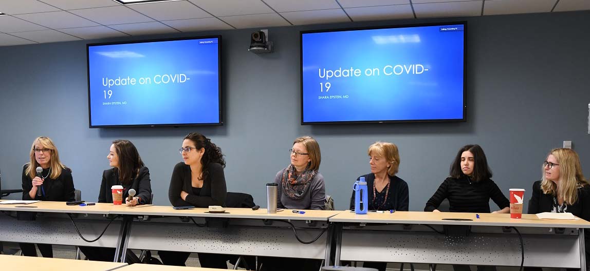 The panel at the CNHP event, from left to right: Deborah Clegg, PhD; Merritt Brockman, DHA; Shara Epstein, MD; Tiina Peritz; Susan Solecki, DrPH; Alison Rusgo; and Theresa Fay-Hillier, DrPH. Photo courtesy Craig Schlanser.