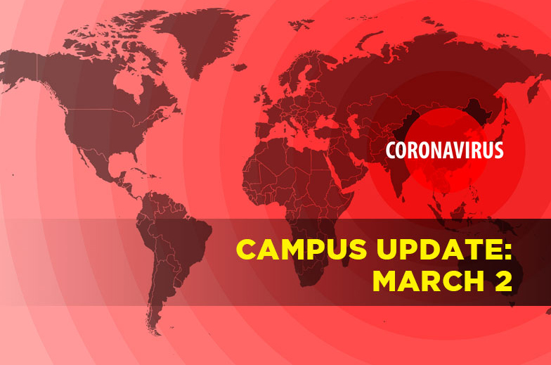 Map of world in red with words campus update March 2