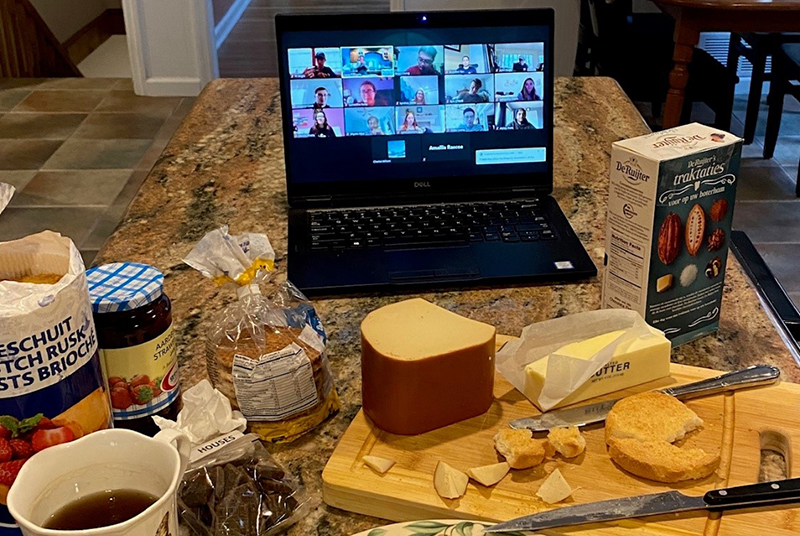 For a course that was supposed to be taught in the Netherlands over the spring, LeBow College of Business clinical professor Dana D’Angelo arranged for a “goodie box” of Dutch food to be sent to students during a virtual group meal. Photo courtesy Dana D’Angelo.