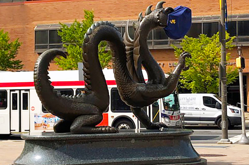 The “Mario the Magnificent” statue on Drexel’s University City Campus was recently outfitted with a face mask.