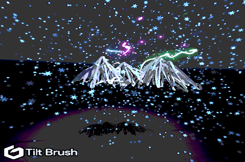 GIF image of virtual reality artwork featuring a doodle of mountain with snowflakes and squiggles. 