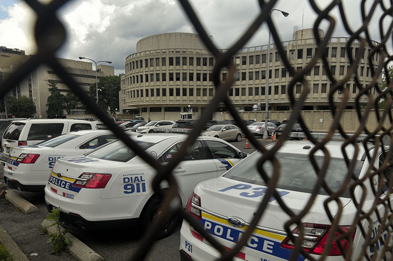 Dark clouds pack the skies over the aging Philadelphia Police department (PPD) headquarters, nicknamed the Roundhouse in Center City Philadelphia, PA on June 17, 2019.
