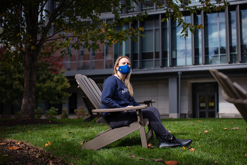 A Drexel student poses on campus during the fall 2020 term. For winter term, more than 1,000 undergraduate students will move on campus starting Jan. 16, though the COVID-19 pandemic continues to augment this college rite of passage and necessitate virtual programming. 