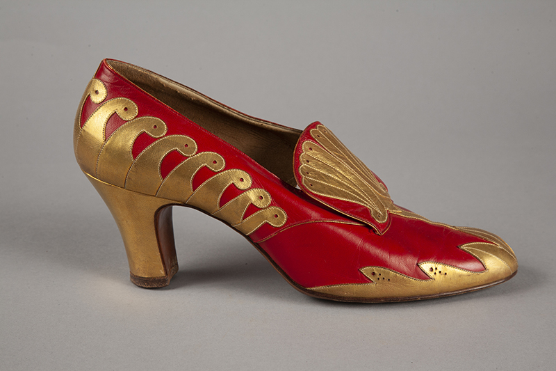 Red and gold kid leather shoe, Bob Inc. USA, circa 1922; gift of Miriam Mather. Photo courtesy FHCC.