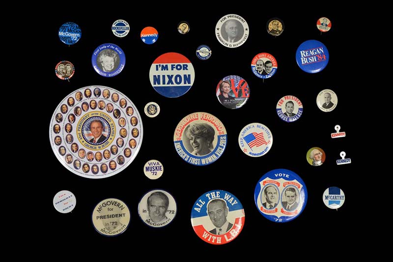 Presidential campaign and commemorative buttons from the Steven H. Korman Collection of Presidential Letters & Memorabilia. The buttons range in date from 1933 to 2016 and are made of ink, paper, metal and plastic. Photo courtesy The Drexel Collection.