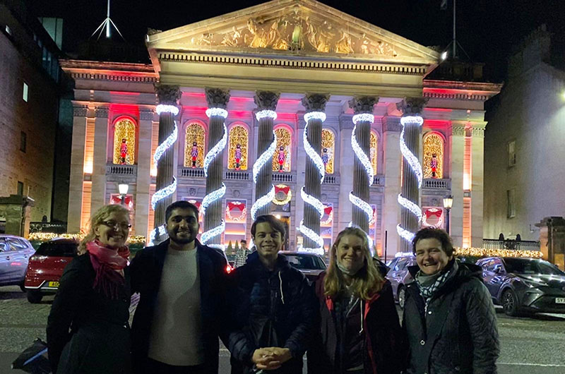 From left to right: Kristy Kelly, Atharva Bhagwat, William Newman, Sarah Wetzel, Anita Forrester. “This was the first night we met up, and we’re outside the front of The Dome, a famous building in Edinburgh,” Newman said. Photo courtesy William Newman. 