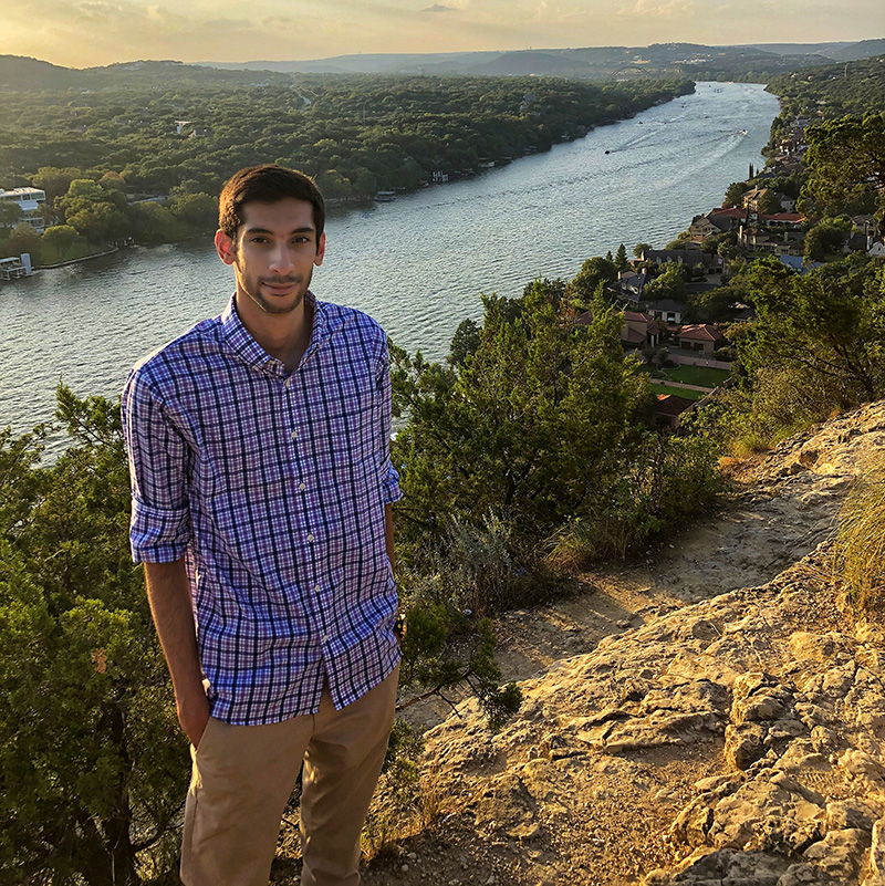 Amin Zooyousefin, a fourth-year civil and structural engineering BS/MS student from Iran, poses in Covert Park at Mount Bonnell in Austin, Texas, where he lived with his uncle for six months after the Drexel University shut down in March 2020.