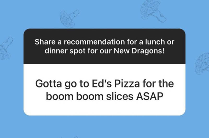 "Ed's Buffalo Wings & Pizza" response to the @DrexelUniv Instagram ask, "Share a recommendation for a lunch or dinner spot for our New Dragons!"