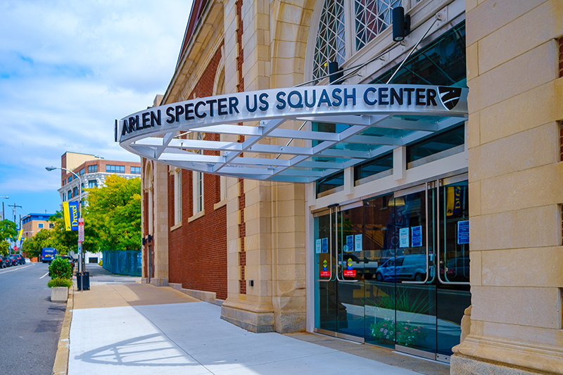 The exterior of the Arlen Specter US Squash Center at North 33rd Street and Lancaster Avenue in September 2021. Photo credit: Jeff Fusco.