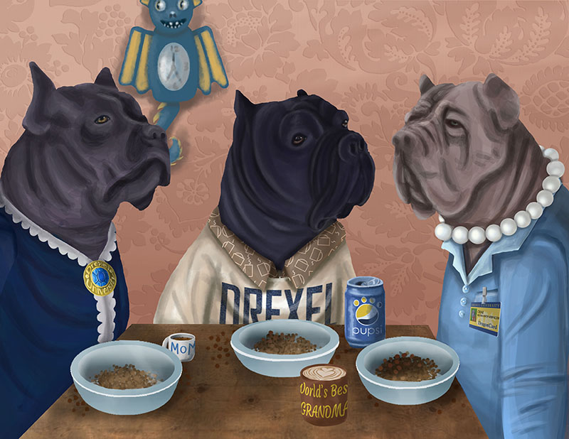 Painting of three dogs.