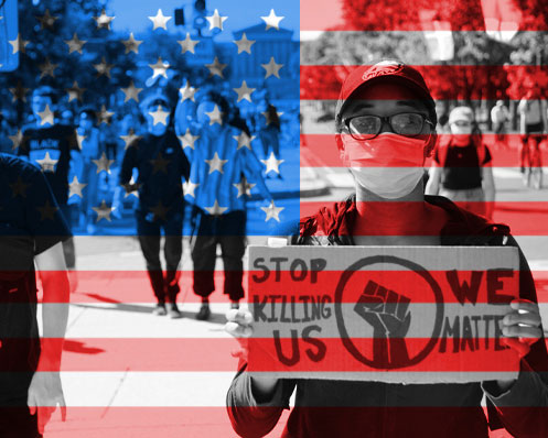 Photo of protestor with sign ("Stop Killing Us - We Matter"). Photo is overlaid by U.S. flag graphic.