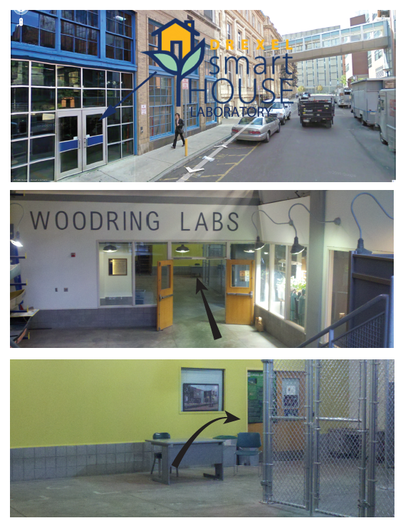 Directions to the Drexel Smart House laboratory. From the back of main building, go through the double doors, down the stairs of WoodRing Labs, and just past the motion simulation machine is the laboratory.