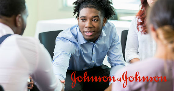 Group of professionals sitting and talking, Johnson & Johnson logo in lower right corner