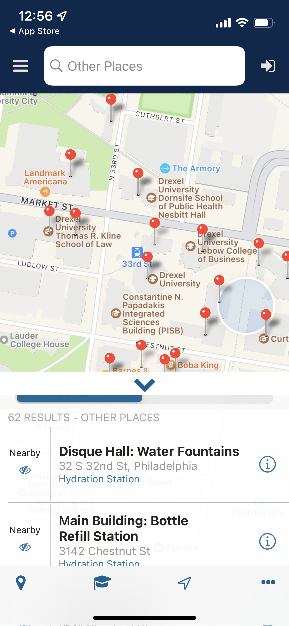 Visual aid for Hydration Station map instructions in DrexelOne app
