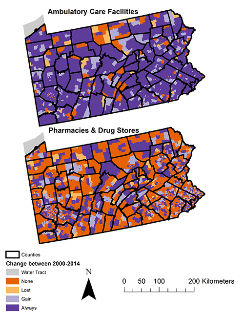 Map of ambulatory care facilities compared to pharmacies and drug stores