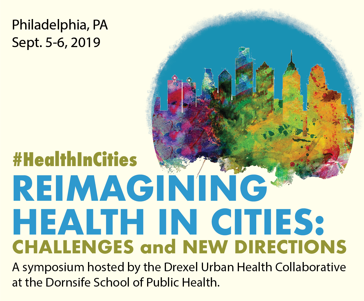 Condensed flyer that contains title, "Reimagining Health in Cities. Challenges and New Directions"