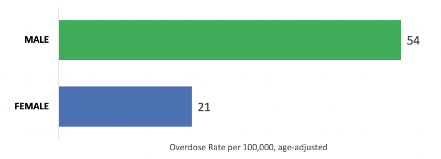 Drug overdose death rate, by gender, averaged across BCHC cities, 2020