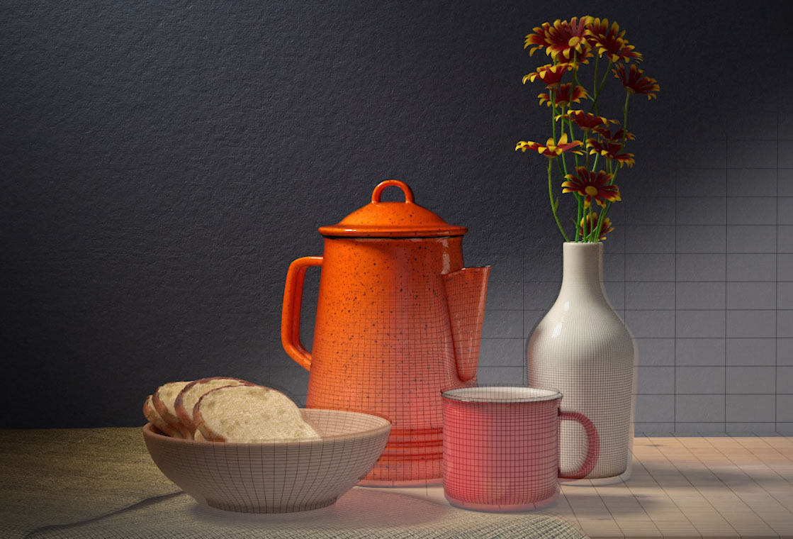 A computer generated 3D still life of a bowl of sliced bread, a red coffee mug, an orange tea pot, and flowers with red and yellow pedals in a white vase.