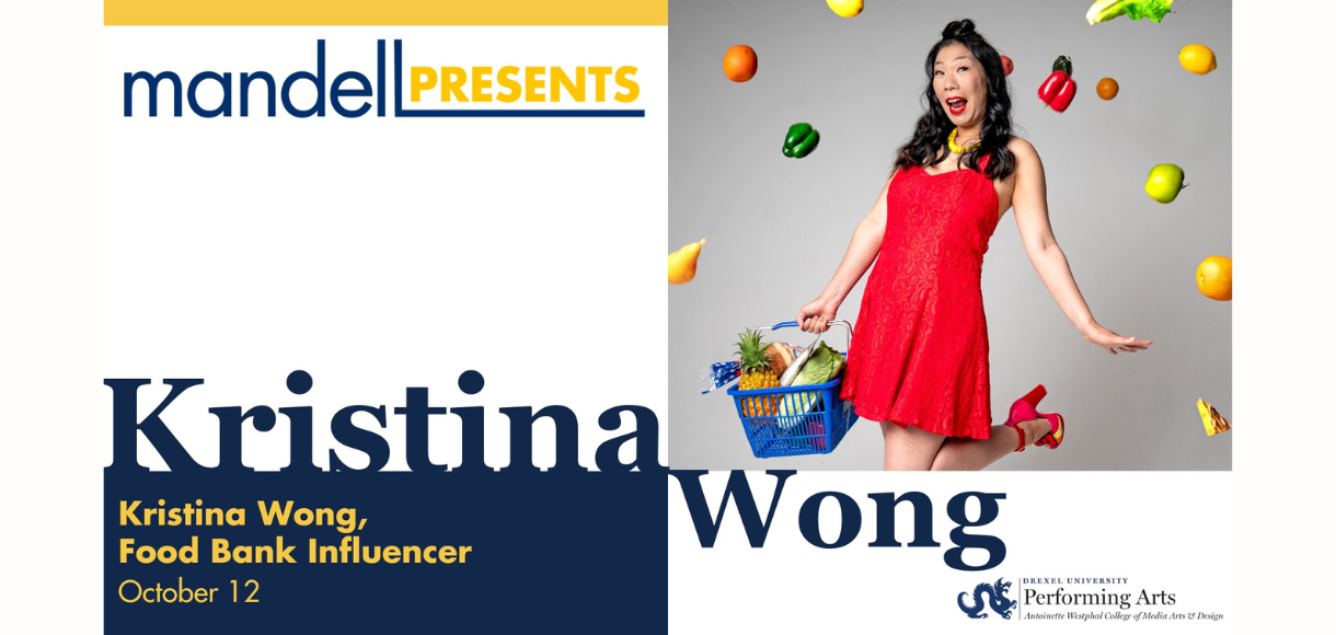 Picture of Kristina Wong posing witha shopping basket full of food and on one foot with a with food falling in the air reading 