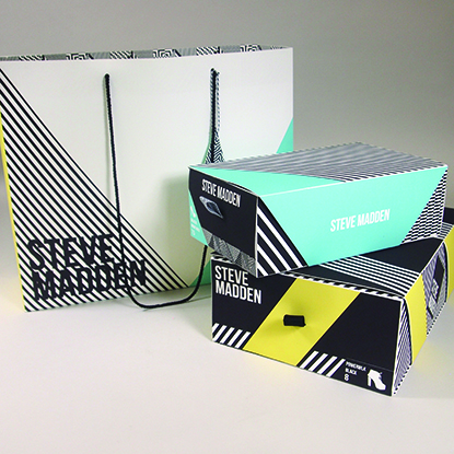 Alyssa Vance's Steve Madden packaging designs with teal and yellow and black and white stripes