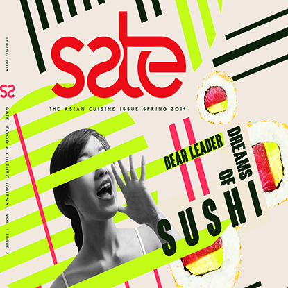 Erin Chan's Sate magazine front cover with typography, sushi, lines, and a black and white photo of a woman